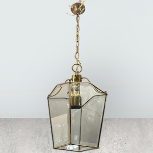 Vintage Italian Glass Lantern Chandelier: Brass Pendant Light