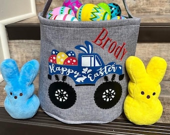 Gray or Brown Monster Truck Easter Basket, personalized easter basket, embroidered easter basket, boys monster truck easter basket