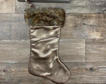 Personalize Gold Fur with Gold shimmer highlights Stocking with faux fur cuff , embroider Stocking, elegant stocking, gold stocking,