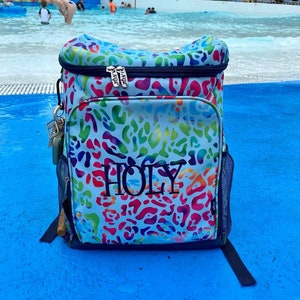 Monogram Rainbow Cheetah Backpack Cooler, Personalize Backpack Cooler, Backpack Cooler for hiking, Ballfield Cooler, Pool Backpack Cooler