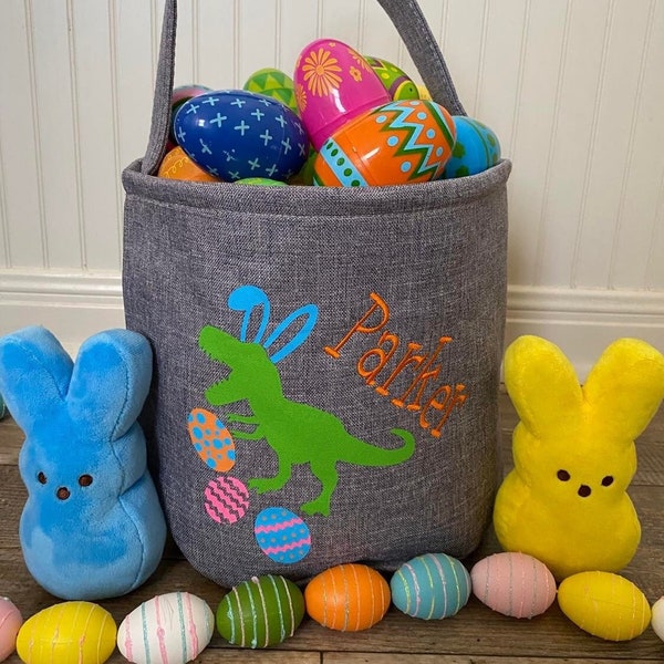 Gray Dino Easter Basket, personalized easter basket, embroidered easter basket, boys easter basket, pink or blue ear dino easter basket