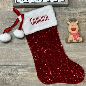 Personalize Red sequin stocking, embroider stocking, sequin stocking, red stocking, fur stocking, fur sequin stocking