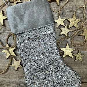 Personalized Embroidered Elegant Silver Metallic Sequin Stocking with Velvet Cuff corded trim