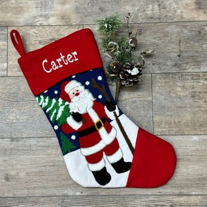 Embroidered Christmas Stockings, Festive Needlepoint Santa  Stocking, christmas stocking, Santa Stocking, Monogram stocking