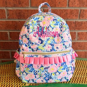 Personalized Blue Flower Toddler Girl Ruffle Backpack, Monogram Floral Ruffled Daycare bag