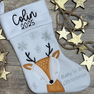 Personalized Embroidered Monogram Baby's First Christmas White Reindeer Deer stocking