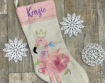 Flamingo Christmas Stocking, Christmas Stocking, Embroider Christmas Stocking, Personalize Christmas Stocking, Rustic stocking