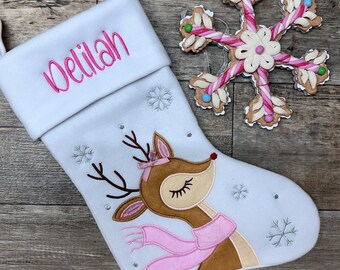 Personalized Embroidered Monogram Baby's First White Reindeer Deer Boy Girl Christmas stocking