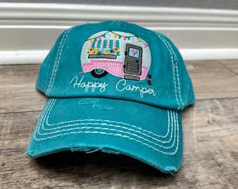 Distressed Black  or Turquoise Happy Camper Baseball Cap, Distressed hat, Distressed Happy Camper Hat