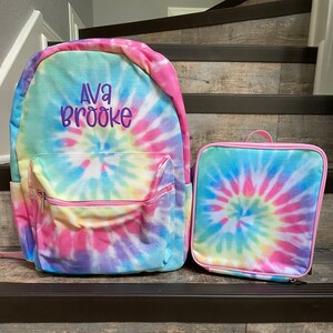 Personalized Tie Dye Backpack Lunchbox Set, Monogram Tie Dye Backpack Lunchbox Set,  girls tie dye backpack, pastel Tie dye backpack