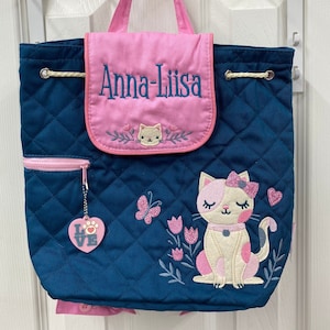 Personalize Quilted girl cat Backpack, Stephen Joseph girl cat Backpack, Preschool Backpack, Toddler Backpack, Children&#39;s daycare Backpack