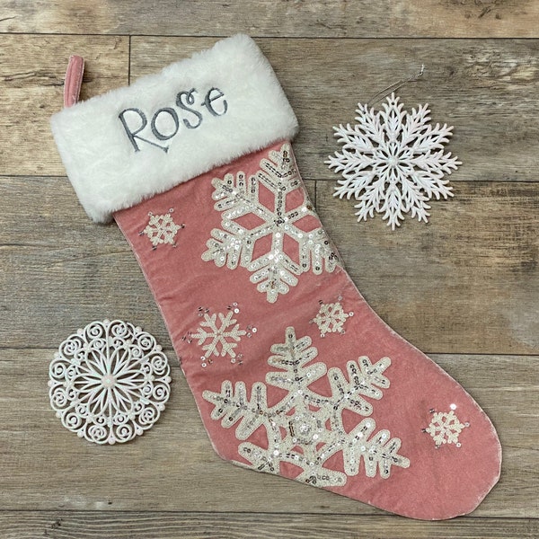 Dusty Rose Snowflake Christmas Stocking, Christmas Stocking, Embroider Christmas Stocking, Personalize Christmas Stocking