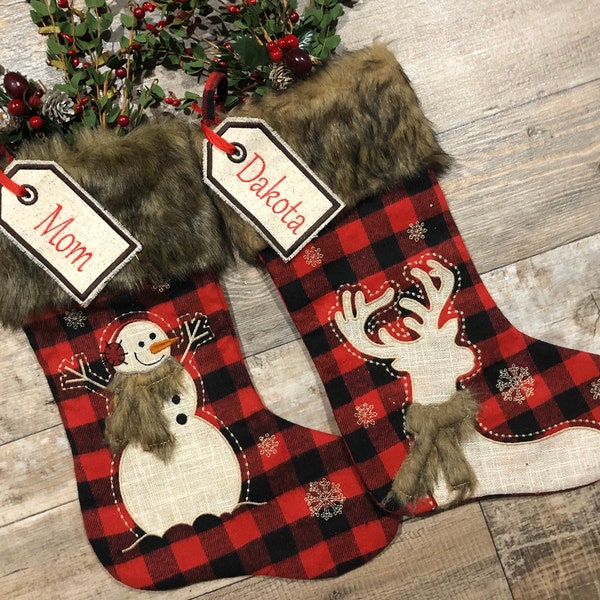 Faux Fur Buffalo plaid christmas stocking, red check christmas stocking, personalized christmas stocking, embroidered buffalo plaid stocking