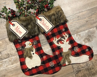 Faux Fur Buffalo plaid christmas stocking, red check christmas stocking, personalized christmas stocking, embroidered buffalo plaid stocking