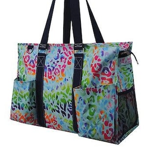 Rainbow Cheetah Zippered Caddy Large Organizer Tote Bag, Cheetah diaper bag, Personalized Cheetah Tote, Large Cheetah Organizer Tote Bag