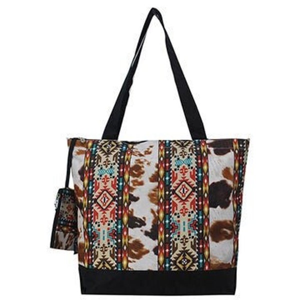 Personalized Tribal Cow print tote bag, tribal print Tote, shopping Bag, Personalized grocery tote, cruise tote, beach tote, overnight tote