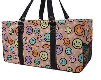 Monogrammed Collapsible Happy Vibes Utility Tote, Collapsible Tote, Tailgate Tote, Personalized utility tote, Smiley Face Utility tote