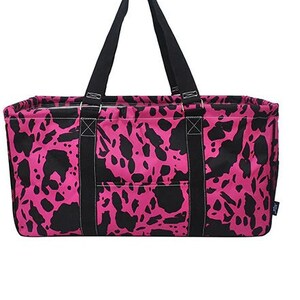 Monogrammed Neon Hot Pink Cow Utility Tote, Collapsible Tote, Tailgate Tote, Personalize utility tote, Car Utility tote, Girl rodeo day gift