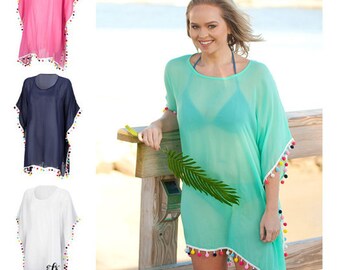 Gibobby Cover Ups for Swimwear Women Dress,Crochet Tassel Swimsuit Bikini Pom Pom Trim Beach Cover Up Dress