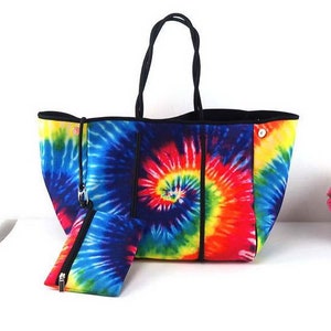Colorful Tie Dye Neoprene Beach Bag with small zippered purse, Personalized Tie Dye Neoprene Beach Bag, Embroidered tote, mothers day gift