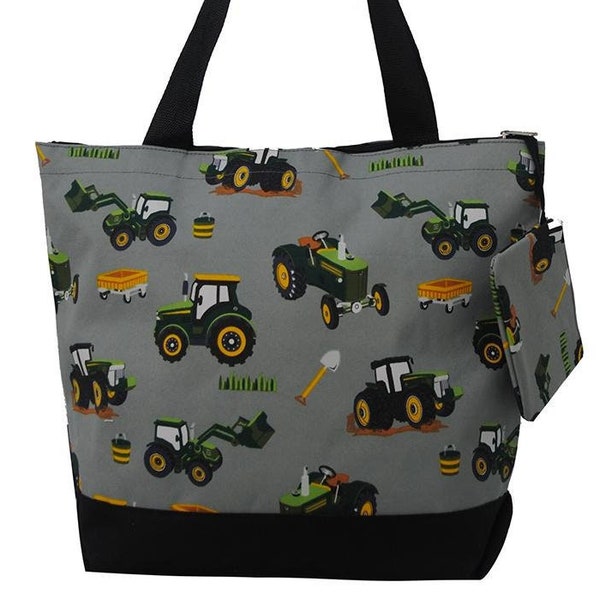 Personalized Tractor Tote, Embroidered Zippered Tractor Tote Bag, Small Tractor Diaper tote Bag, Green tractor tote, personalized gift