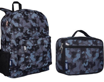 Wildkin 16 inch Black camo Backpack lunchbox set, monogram backpack lunchbox set, personalized boy backpack lunchbox set