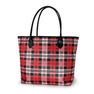 Embroidered Red and Black Plaid Tote, Womens Tote, Ladies School Bag, graduation gift, birthday gift, personalized red and black plaid tote
