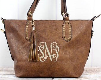 Monogrammed Brown Faux Leather Eyelet Tassel Bag, personalized tassel purse, mothers gift, ladies gift, womens birthday gift, purse