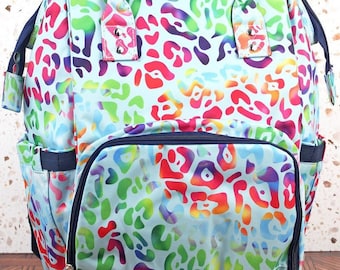 NGIL Rainbow Cheetah Diaper Bag Backpack Monogram, Monogram Backpack Diaper bag, Nappy Bag with Monogram, Personalize leopard Diaper Bag