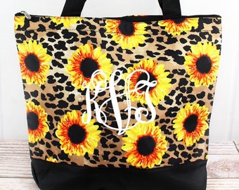 Personalized Leopard Sunflower Tote, Embroidered Zippered Leopard Sunflower Tote Bag, Small Leopard Sunflower tote Bag, Sunflower tote