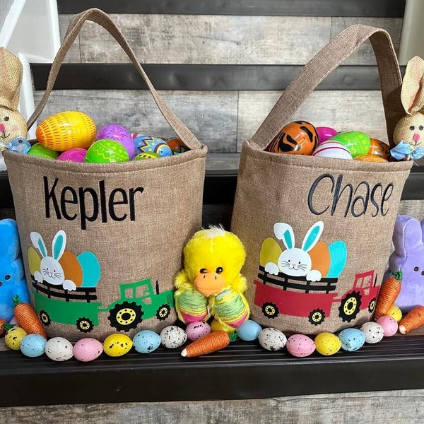 Tractor Easter Basket, personalized easter basket, embroidered easter basket, boys easter basket, bunny tractor easter basket, bunny basket