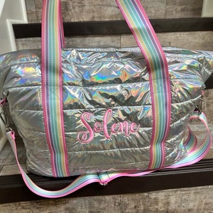 Personalized Iridescent Puffer with Purple rainbow strap tote Weekender Bag, Teen puffer weekender bag with personalization, monogram puffer