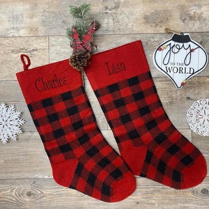 Embroidered Buffalo Plaid Sweater Christmas Stockings, Personalized Christmas Stockings, black and white plaid stocking, plaid knit stocking
