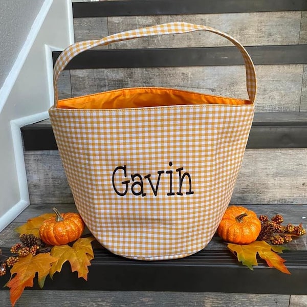 Easter Basket, Personalized Halloween basket, embroidered halloween basket, black and orange check halloween buckets, check baskets