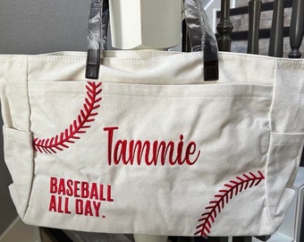 Embroidered Baseball Tote Bag, Baseball Mom Tote, Baseball Bag, Personalized Canvas Baseball Tote, Large Baseball Canvas Tote Bag