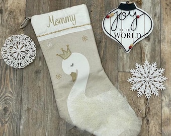 Swan Princess Christmas Stocking, Christmas Stocking, Embroider Christmas Stocking, Personalize Christmas Stocking, Rustic stocking