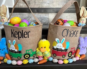 Personalized Embroidered Boys Bunny Red Green Blue Tractor Easter Basket