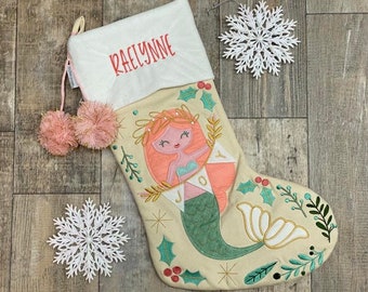 Personalized kids Mermaid stocking,  Stephen Joseph Christmas Stockings, monogram snowman stocking, kids christmas stocking