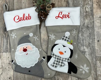 Grey and white stocking, personalized stocking, monogram stocking, reindeer stocking, penguin stocking, santa stocking, snowman stocking