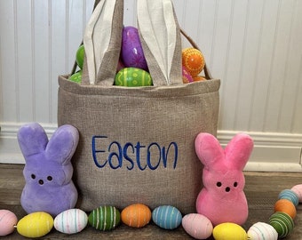 Personalized Linen Bunny Tail Easter Basket, Embroidered Easter Bucket