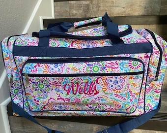 20 Inch Colorful Floral Print Duffle, personalize girls floral duffle, girls overnight duffle, teen floral travel duffle, in bloom duffle