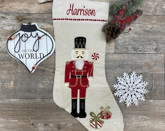 Red Nutcracker Christmas Stocking, Christmas Stocking, Embroider Christmas Stocking, Personalize Christmas Stocking, Rustic stocking