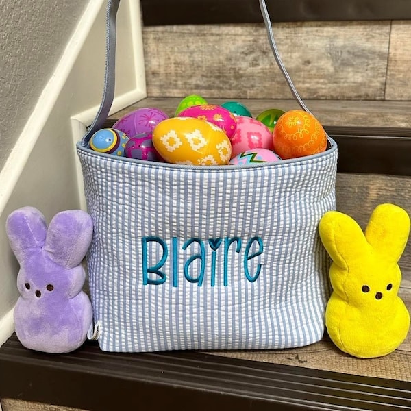 Personalized Rainbow Easter Basket, Seersucker embroidered easter basket, monogrammed easter basket, boys basket, girls easter basket