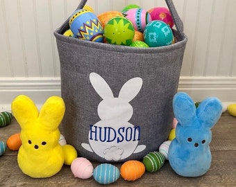 Gray Bunny Easter Basket, personalized easter basket, embroidered easter basket, boys easter basket, girls easter basket, bunny basket