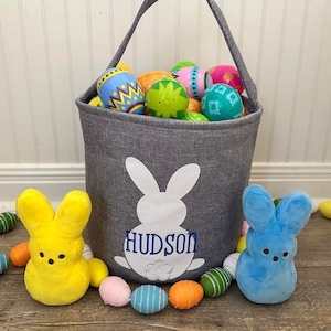 Gray Bunny Easter Basket, personalized easter basket, embroidered easter basket, boys easter basket, girls easter basket, bunny basket