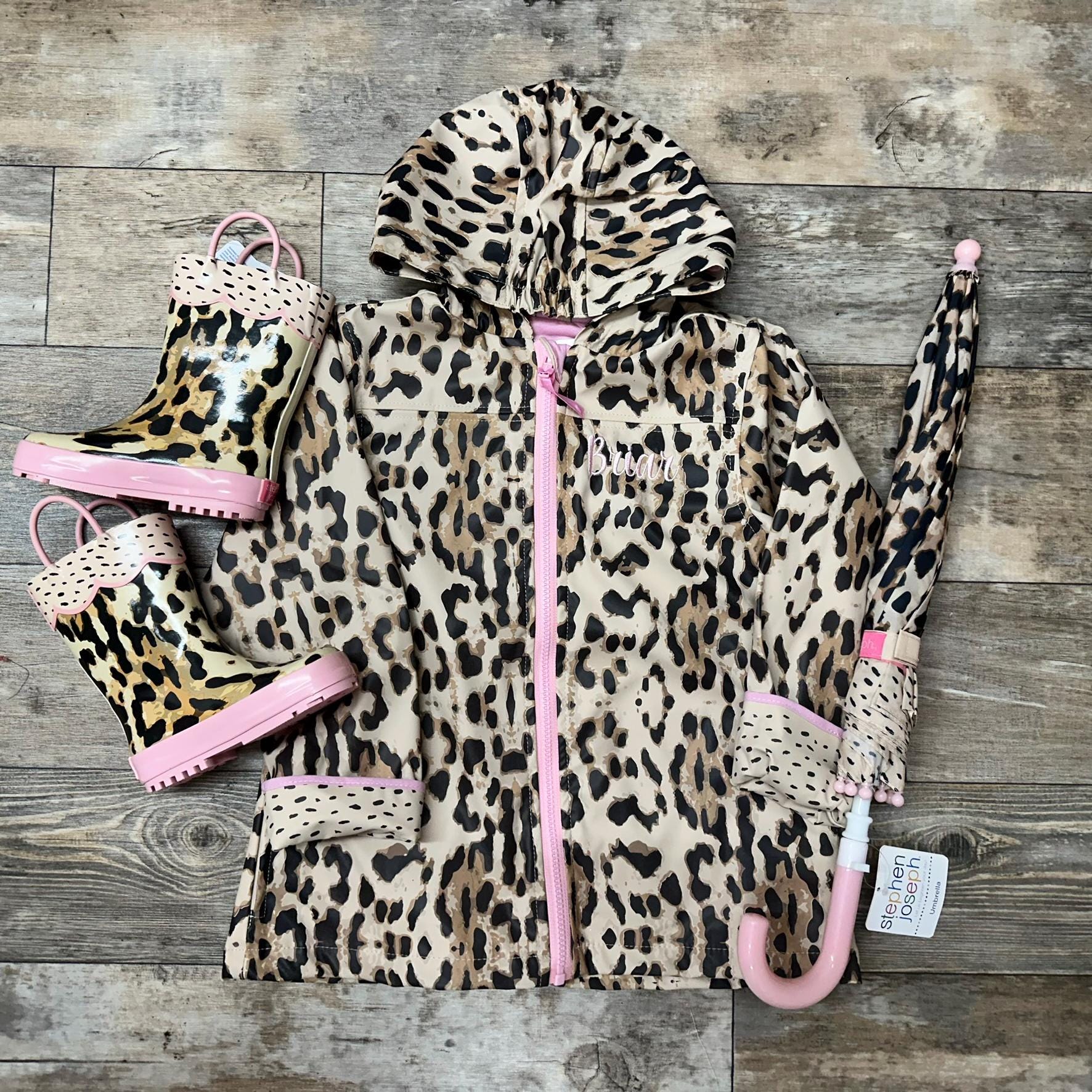 Girls Leopard Raincoat Set, Kids Rain Jacket, Personalized