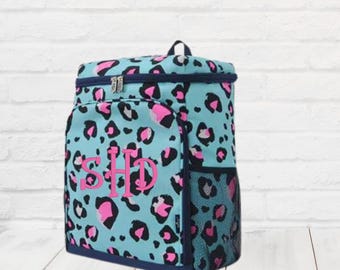 Monogrammed Colorful Leopard Backpack Cooler, Personalize embroidered Rainbow insulated bag, pool food storage