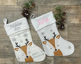 Personalize Baby's First Christmas stocking, embroider stocking, First Christmas white stocking with Reindeer, Baby stocking