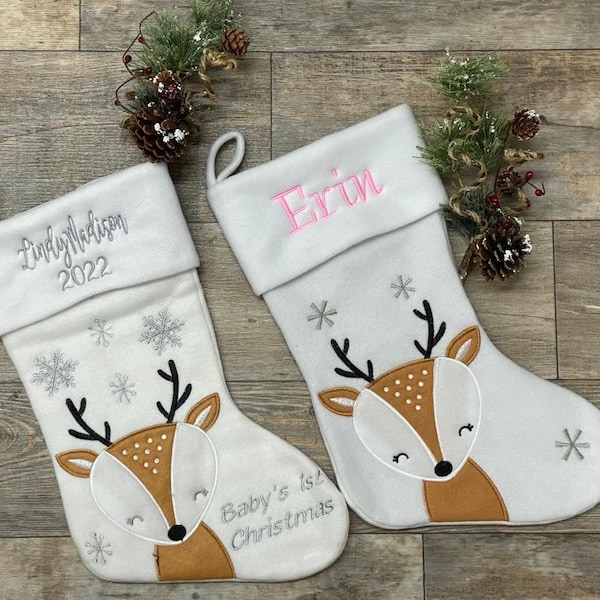 Personalize Baby's First Christmas stocking, embroider stocking, First Christmas white stocking with Reindeer, Baby stocking