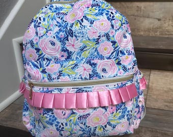 Blue Flower Kids Girls Ruffle Backpack, Monogram Floral  display picture 2
